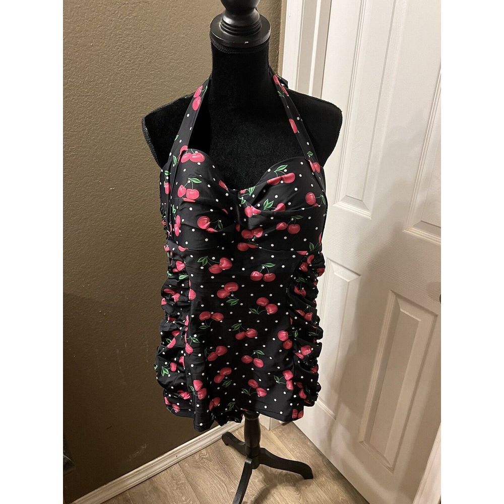 UNIQUE VINTAGE WESTLERY ONE PIECE HALTER SWIMSUIT CHERRIES BLACK XL